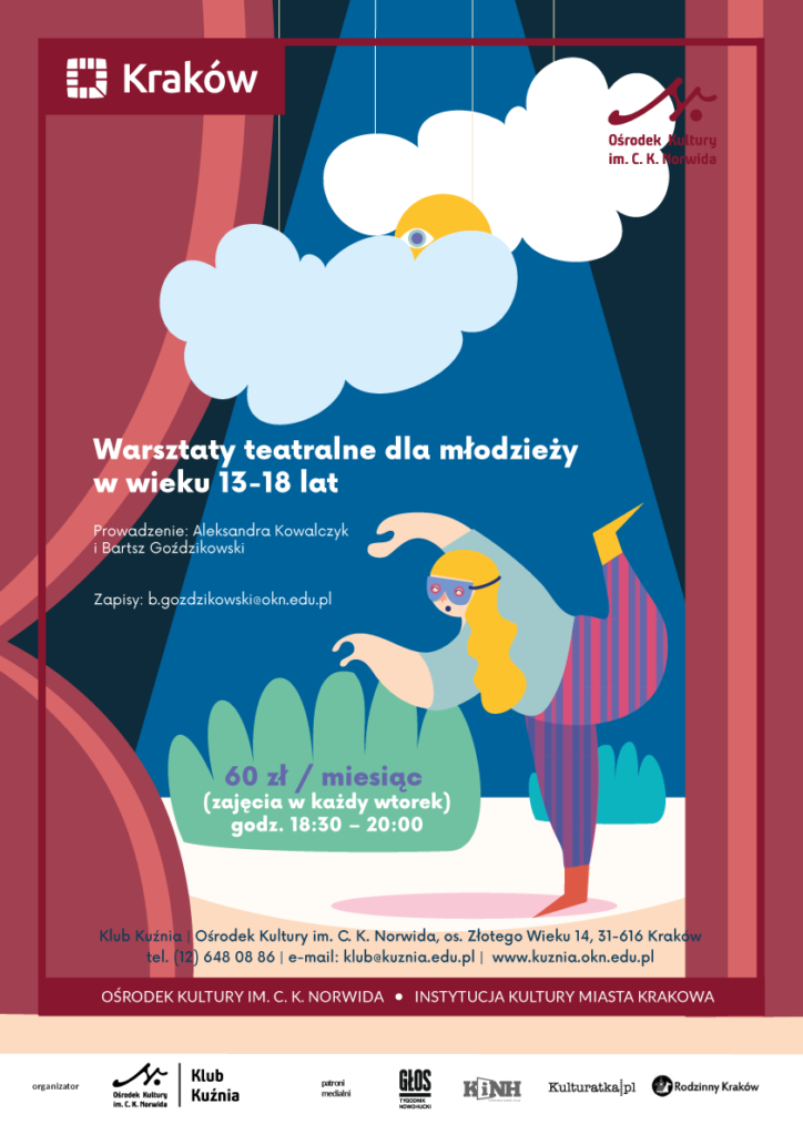 zajęcia-teartralne-młodzież Plakat graficzny. Na plakacie kotara teatralna. Na scenie znajduje się tańcząca dziewczyna