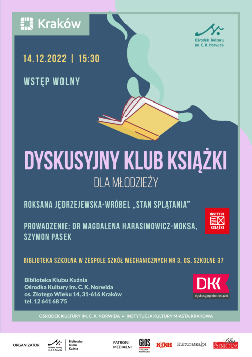 Abstrakcyjna grafika przedstawiająca żółtą książkę, z której wylewają się jasnoniebieskie plamy. Ciemnoniebieskie tło. Dyskusyjny Klub Książki dla młodzieży. Roksana Jędrzejewska-Wróbel "Stan splątania".