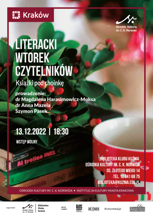 Zielona jemioła na książkach. Obok czerwony kubek. Rozmazane tło. W lewej części napis - tytuł wydarzenia: Literacki wtorek czytelników. Książki pod choinkę.