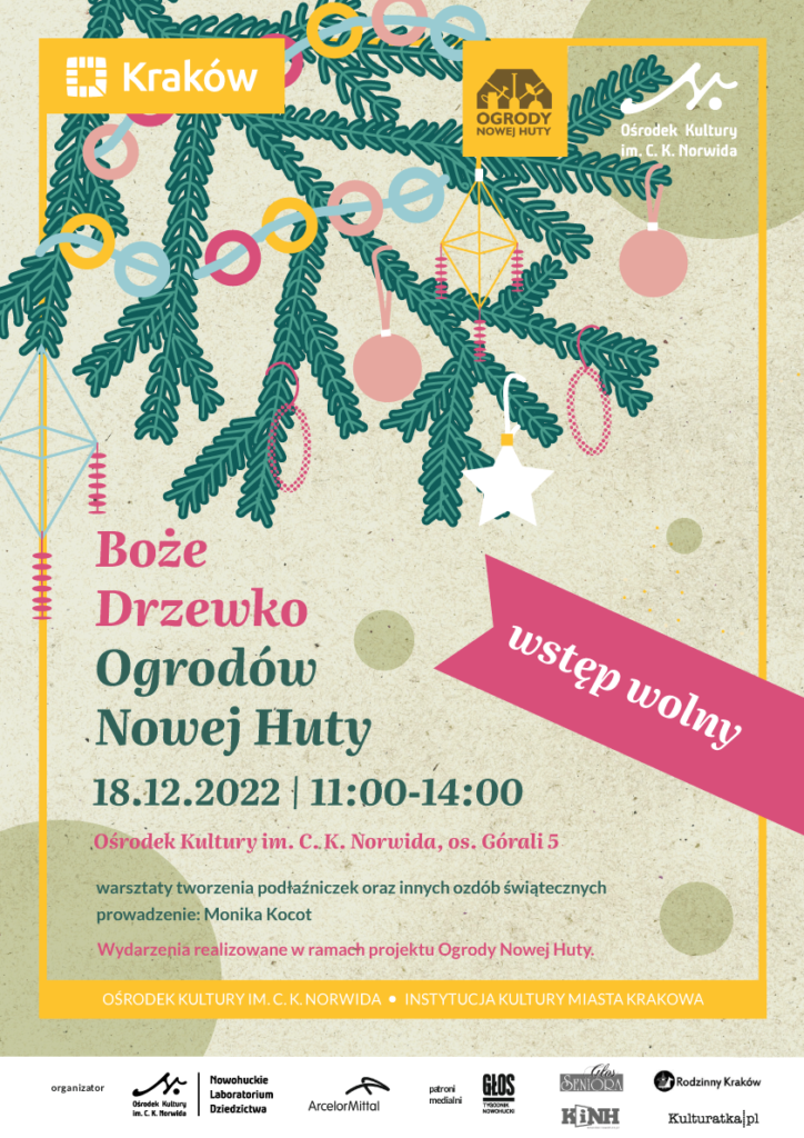 boże drzewko_nhlab_afisz listopad Ilustracja zielonej gałęzi choinki z kolorowymi ozdobami: łańcuchem z oczkami , bombkami i gwiazdką. U dołu napis Boże drzewko Ogrodów Nowej Huty.