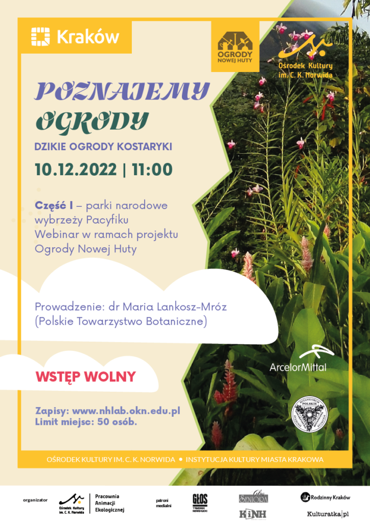 Poznajemy Ogrody. Dzikie ogrody Kostaryki. W prawej części zielona roślinność. Z lewej strony kolorowy napis: Poznajemy ogrody, dzikie ogrody kostaryki.