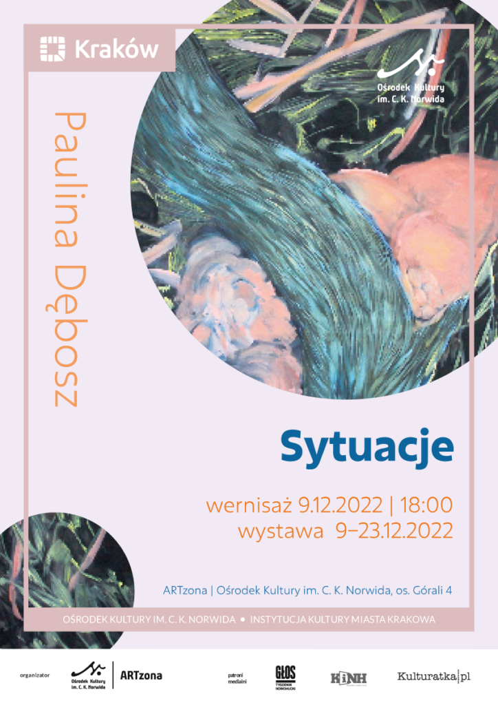 sytuacje-artzona Kolorowy, abstrakcyjny obraz oraz napisy. Wystawa prac Pauliny Dębosz " Sytuacje"
