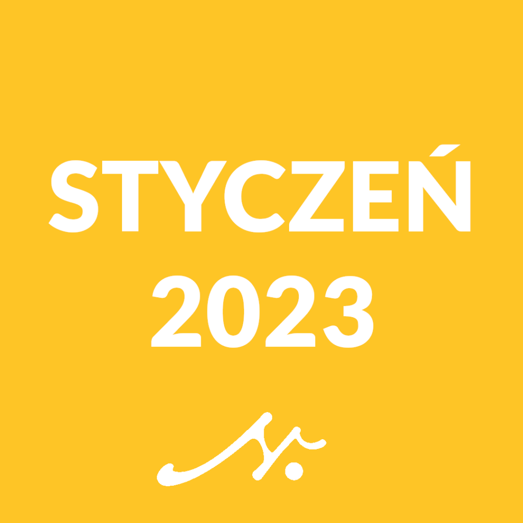 Biały napis styczeń 2023 na żółtym tle z białym sygnetem logotypu ośrodka kultury imienia norwida. Kalendarz wydarzeń na styczeń 2023. Więcej informacji w rozwinięciu wpisu.