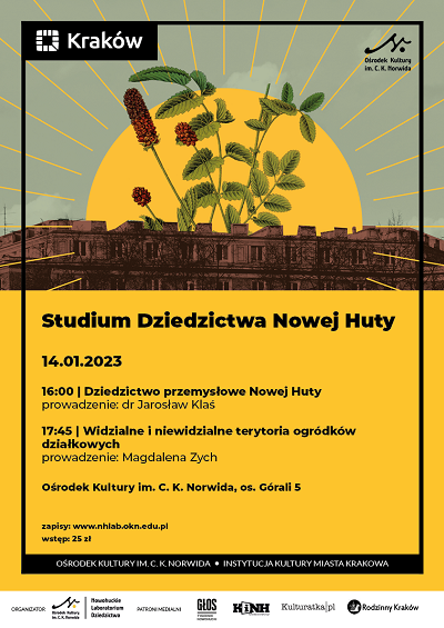 U góry tatarak nad nowohuckim blokiem. Żółte słońce z wyraźnymi promieniami, zielonkawe niebo. Studium dziedzictwa nowej huty styczeń 2023. Kliknij by dowiedzieć się więcej.