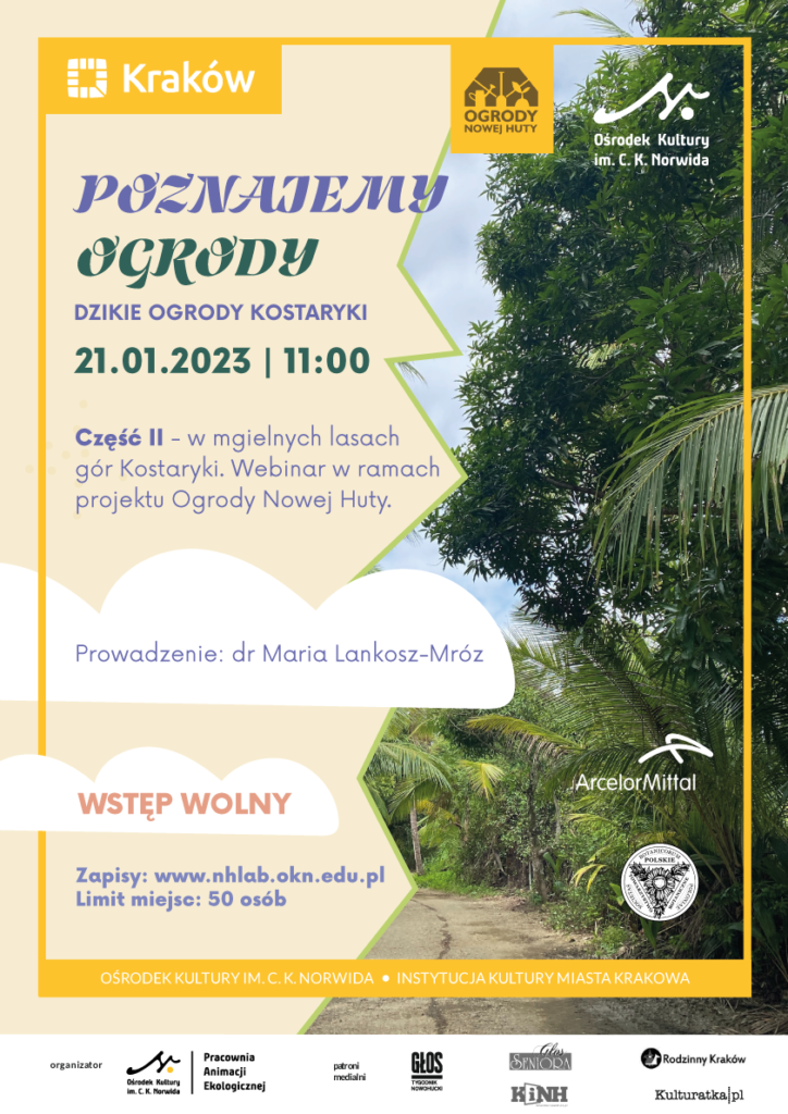 poznajemy-ogrody–styczen_a3 Po prawej stronie ogrody z palmami. Jasne niebo. Po lewej stronie informacje: Poznajemy ogrody. dzikie ogrody Kostaryki. Kliknij by dowiedzieć się więcej.