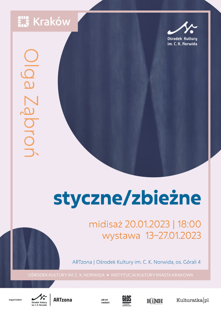 wystawa-styczne_A3-prev U góry lekko otwarta niebieska kotara w kole. W lewym dolnym rogu mniejsze koło z taką samą kotarą. Różowe tło. Styczne zbieżne. Olga Ząbroń. Więcej informacji w rozwinięciu.