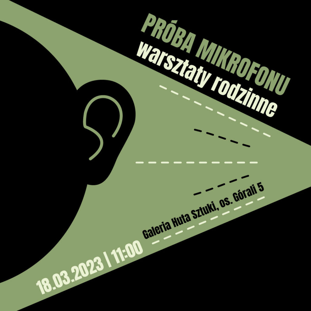 Z lewej strony czarne pół twarzy, kontur dziecka z widocznym uchem. Z prawej strony zielona smuga rozszerzająca się w kierunku twarzy. Przerywane linie białe i czarne na zielonej poświacie. Próba mikrofonu. Więcej informacji w rozwinięciu.