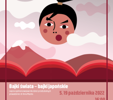 Kreskówkowy wizerunek dziecka na tle gór. Czerwona i biała kolorystyka. Bajki świata. Bajki japońskie.